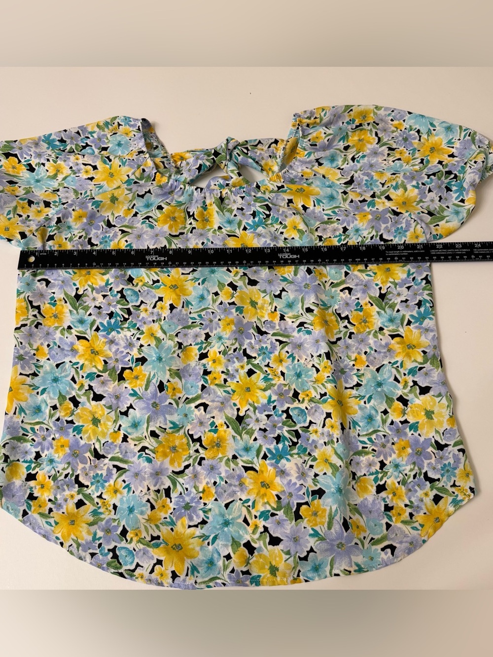 Women Floral Blouse Puff Sleeve Tie Neck Blue Yellow Spring Top Size Large - Picture 5 of 5